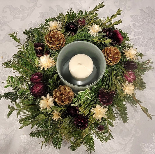 Fresh Evergreen and Dried Flowers Centerpiece with Candle